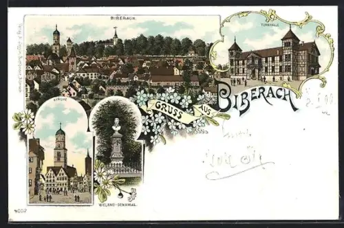 Lithographie Biberach / Riss, Wieland-Denkmal, Kirche, Turnhalle und Gesamtansicht