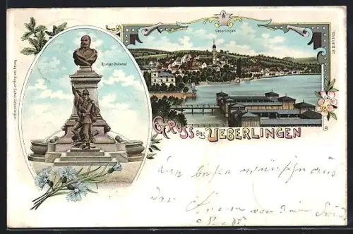 Lithographie Ueberlingen / Bodensee, Krieger-Denkmal und Totalansicht