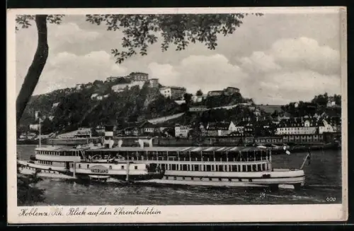 AK Koblenz, Rheindampfer Vaterland und Ruine Ehrenbreitstein im Hintergrund