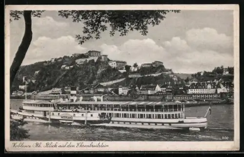 AK Koblenz, Rheindampfer Vaterland und Ruine Ehrenbreitstein im Hintergrund