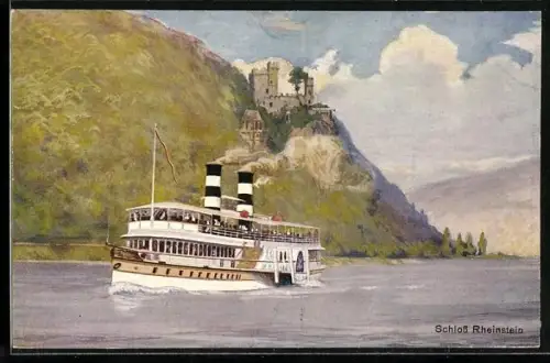 AK Schloss Rheinstein mit Raddampfer der Köln-Düsseldorfer Rheindampfschifffahrt