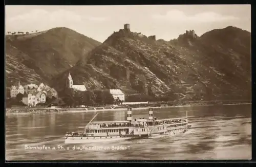 AK Bornhofen a. Rh., Passagierschiff Borussia und Burgen Die Feindlichen Brüder