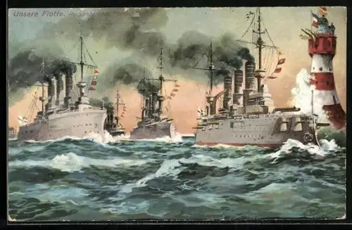 AK Kriegsschiff, Ansicht der Flotte bei der Rückkehr vom Manöver, mit Leuchtturm