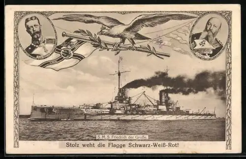 AK Linienschiff Friedrich der Grosse unter Dampf, Portraits Prinz Heinrich und Alfred von Tirpitz