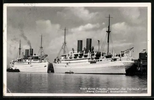 AK Bremerhaven, KDF-Dampfer Der Deutsche und Sierra Cordoba an der Kaimauer