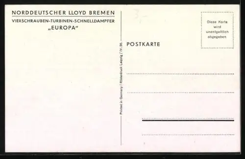 AK Turbinen-Schnelldampfer Europa des Norddeutschen Lloyd, Passagierschiff