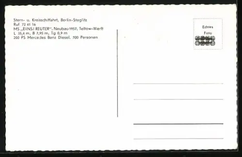 AK Berlin-Steglitz, Passagier-Binnenschiff Ernst Reuter von 1957 der Stern- und Kreisschiffahrt