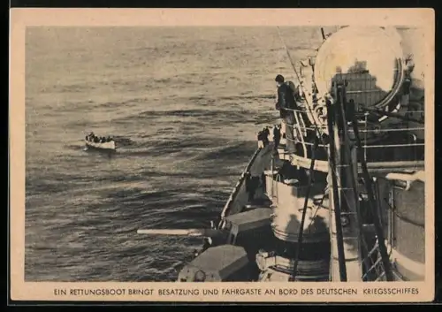 AK Rettungsboot bringt Besatzung und Passagiere eines versenkten Schiffes an Bord des deutschen Kriegsschiffes