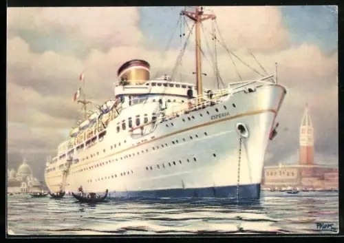 Künstler-AK Passagierschiff MS Esperia in Bugansicht vor dem Markusplatz in Venedig