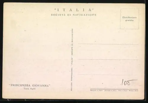 AK Passagierschiff Principessa Giovanna auf See der Reedrei Italia