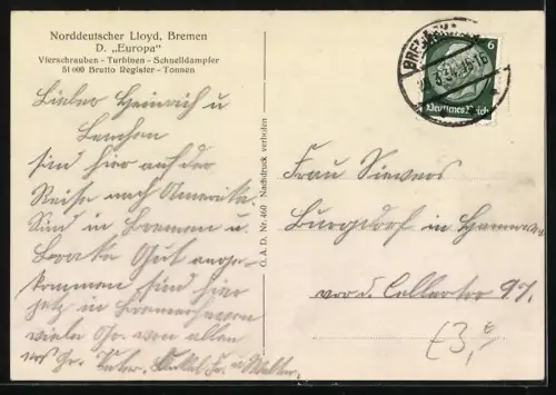 AK Turbinen-Schnelldampfer Europa des Norddeutschen Lloyd