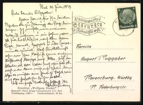 AK Zerstörer der Kriegsmarine Z-9 Wolfgang Zenker