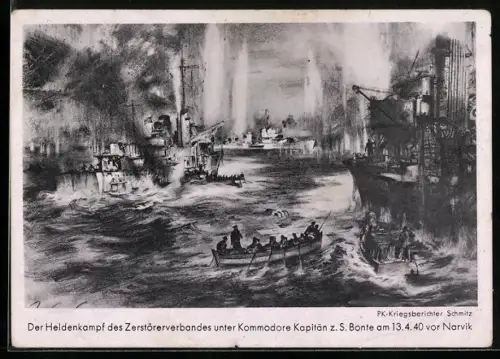Künstler-AK Der Heldenkampf des Zerstörerverbandes unter Kommodore Kapitän z. S. Bonte 13.4.1940 vor Narvik