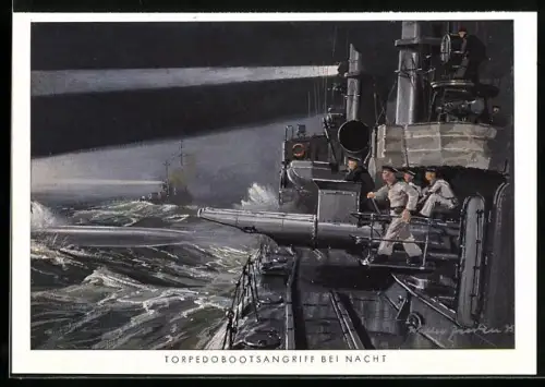 Künstler-AK Kriegsmarine, Torpedobootsangriff bei Nacht