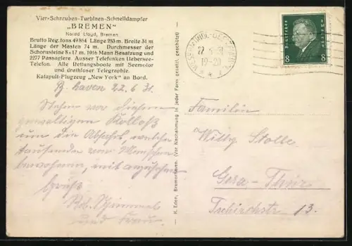 AK Abfahrt des Schnelldampfers Bremen des Norddeutschen Lloyd, Passagierschiff