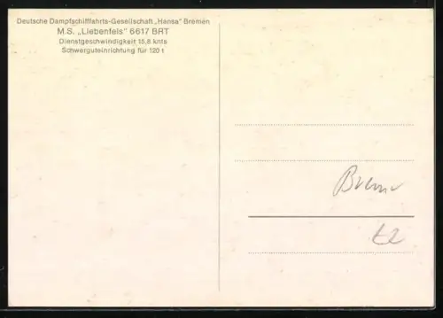 AK Frachtschiff M.S. Liebenfels, Deutsche Dampfschifffahrts-Gesellschaft Hansa
