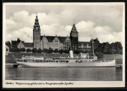 AK Stettin, Rügendampfer Hertha an der Hakenterrasse vor dem Regierungsgebäude, Passagierschiff
