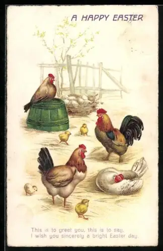 AK Osterküken tummeln sich zwischen Hähnen und Hennen auf dem Hof, Vroolijk Paaschfeest!
