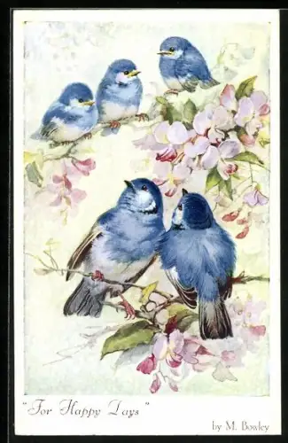 AK For Happy Days, Blaue Vögel auf blühenden Zweigen