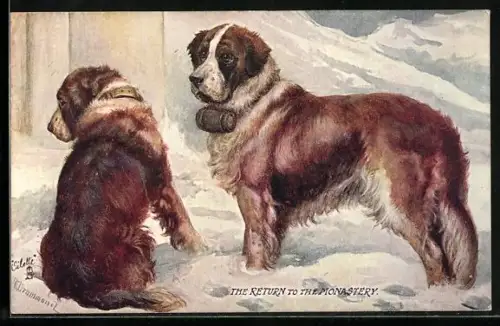 AK The return to the Pionastery, zwei Bernhardiner im Schnee
