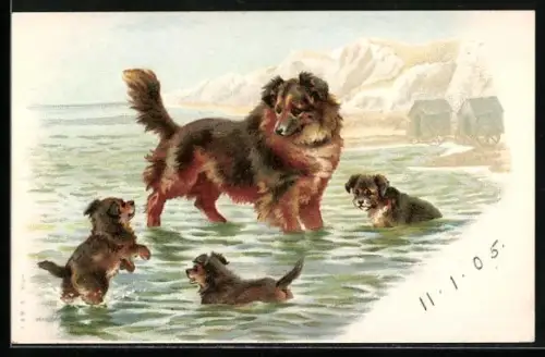 Lithographie Hund mit Welpen am See