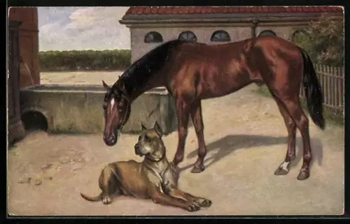 AK Dogge und Pferd vor einem Gehöft
