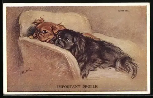 AK Zwei entspannte Pekinesen auf einem Sessel