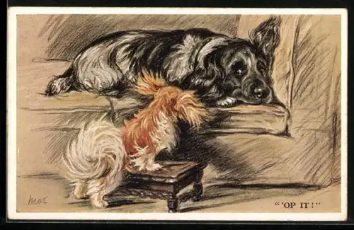 AK Ruhender Hund und kleiner Herausforderer