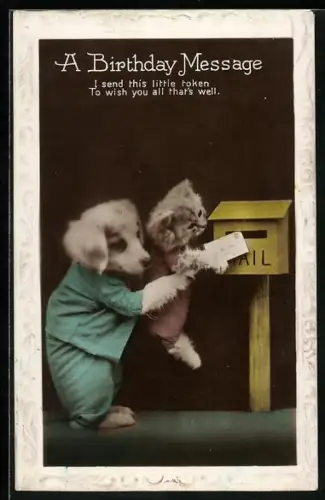 AK Hundewelpe hilft Katzenbaby beim Brief-Einwurf, Geburtstagsgruss