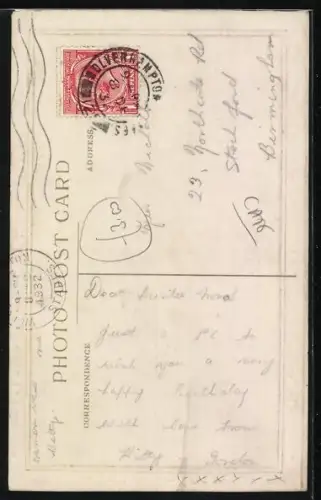 AK Hundewelpe hilft Katzenbaby beim Brief-Einwurf, Geburtstagsgruss