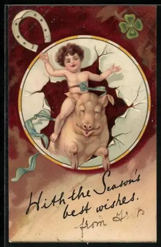 Lithographie Kind auf Schwein duchbricht eine Papierwand, Hufeisen, Glücksklee