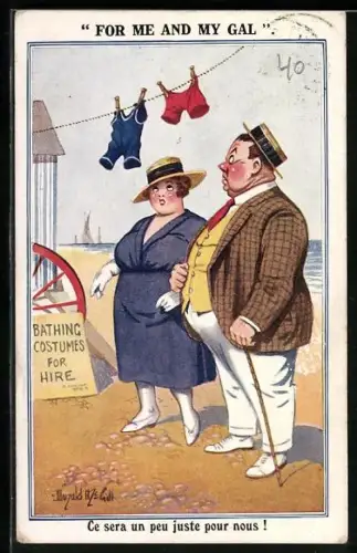 Künstler-AK Donald McGill: Dickes Paar will zu kleine Badesachen ausleihen