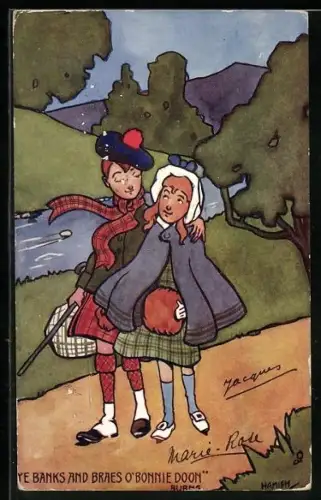 Künstler-AK Hamish: Schottisches Liebespaar spaziert an einem Fluss entlang