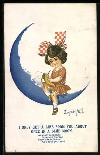 Künstler-AK Donald McGill: Mädchen sitzt auf einer Mondsichel und schreibt einen Brief