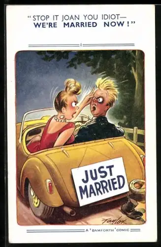 Künstler-AK Arnold Taylor: Frisch verheiratetes Paar streitet sich im Auto