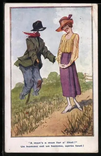 Künstler-AK Donald McGill: Frau flirtet mit einer Vogelscheuche