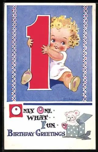 Künstler-AK Agnes Richardson: Glückwunsch zum 1. Geburtstag, Baby mit grosser 1