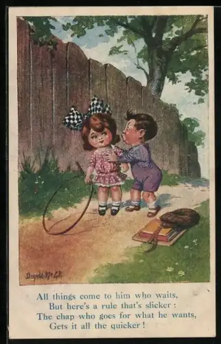 Künstler-AK Donald McGill: Junge küsst ein Mädchen auf einem Feldweg