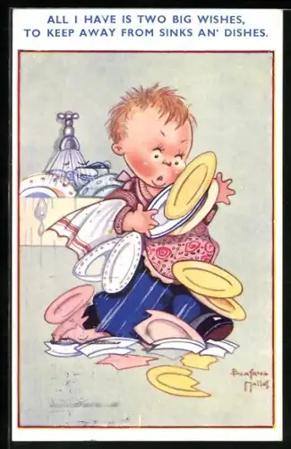 Künstler-AK Beatrice Mallet: Kind lässt einen Stapel Teller fallen