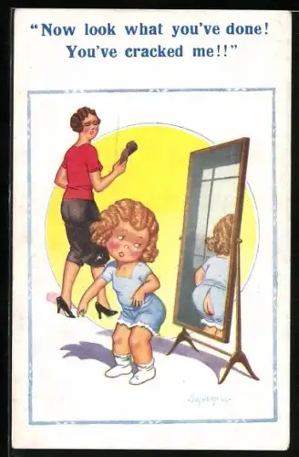 Künstler-AK Donald McGill: Mädchen weint über ihre zerrissene Hose