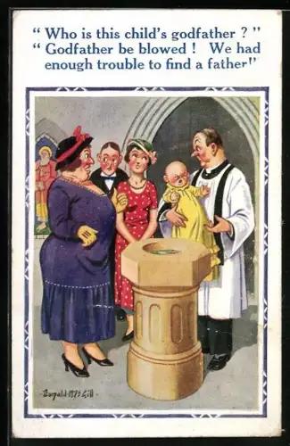 Künstler-AK Donald McGill: Pfarrer fragt nach dem Paten eines Kindes