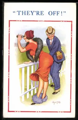 Künstler-AK Donald McGill: Dame verliert ihre Unterwäsche