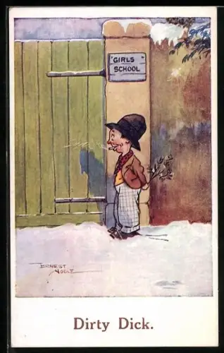 Künstler-AK sign. Ernest Noble: Dirty Dick, Junge wartet vor einer Mädchenschule