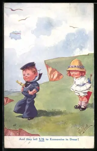 Künstler-AK T. Gilson: Mädchen und kleiner Matrose an einer Klippe