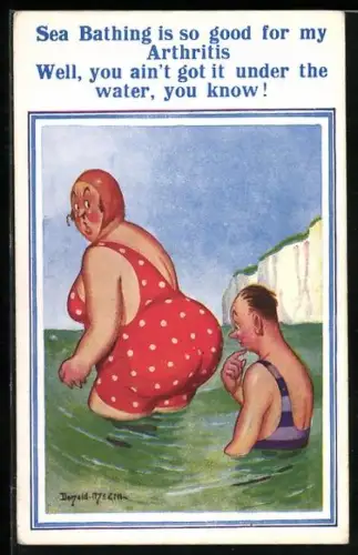 Künstler-AK Donald McGill: Mann schaut auf den Hintern einer Frau