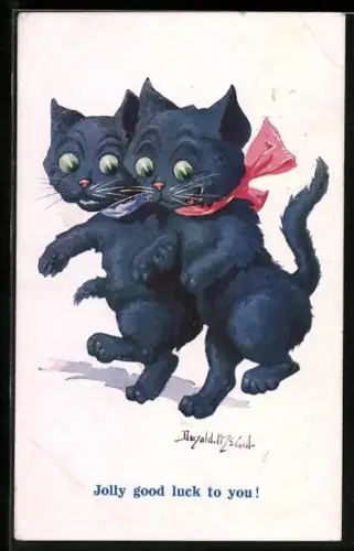 Künstler-AK Donald McGill: Zwei schwarze Kätzchen mit bunten Schleifen