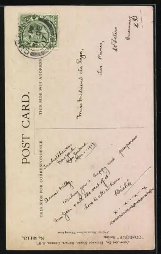 Künstler-AK Donald McGill: Zwei schwarze Kätzchen mit bunten Schleifen