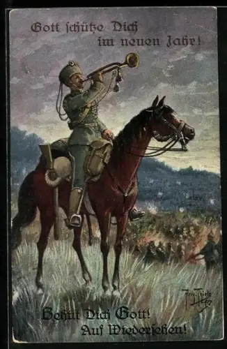 Künstler-AK A. Thiele: Reiter spielt sein Morgenlied, Behüt dich Gott, auf Wiedersehen