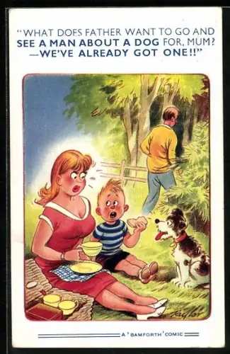 Künstler-AK Arnold Taylor: Familie beim Picknick, What does father want to go and see a man about a dog for?
