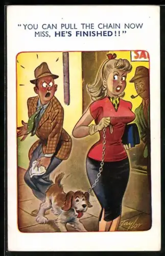 Künstler-AK Arnold Taylor: Hund pinkelt einem Mann ans Bein